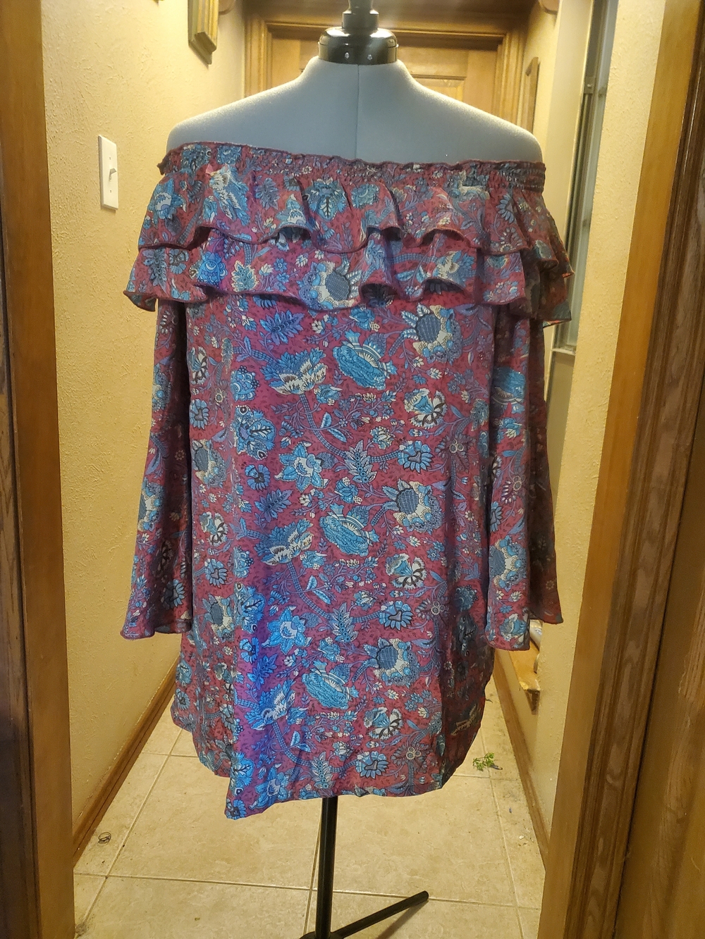Earthbound Silky Off-Shoulder Ruffled Floral TUNIC DRESS Boho